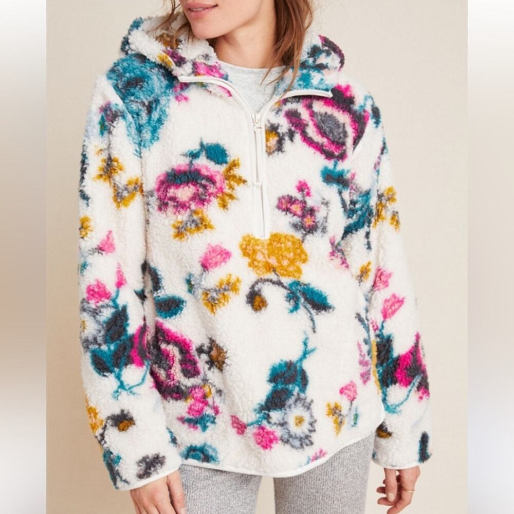 Anthropologie Saturday Sunday Rosemarie Floral 1/4 Zip Sherpa Fleece Jacket XS
